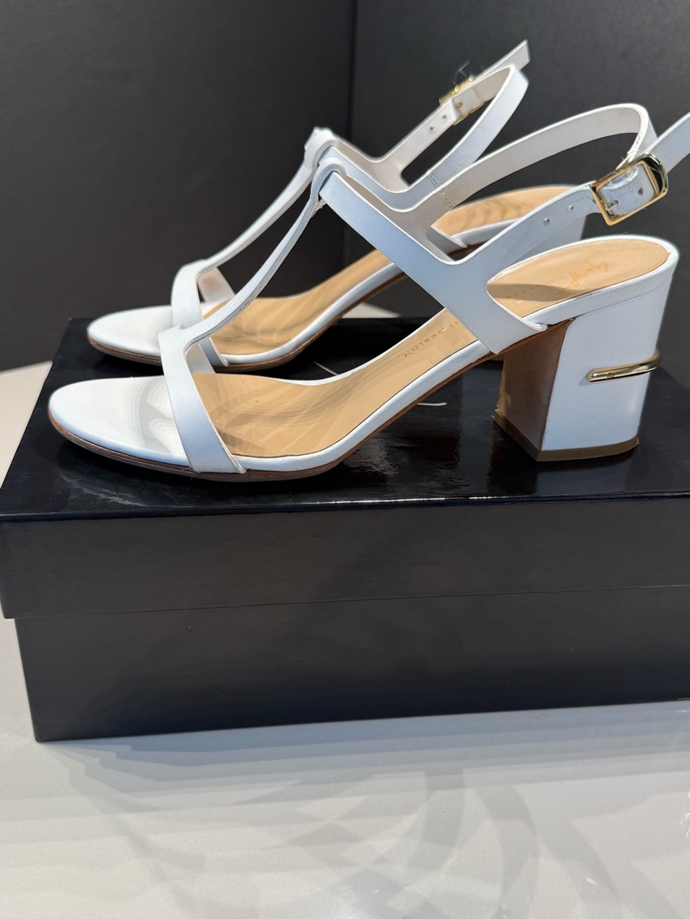 Giuseppe Zanotti White T-Strap Block Heel Sandals with Gold Accent